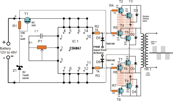 Sinewave Inverter Circuit Using Arduino Schematic
