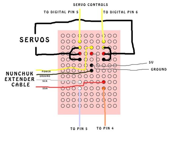 Arduino Wireless nunchuk controlled animatronic doll circuit