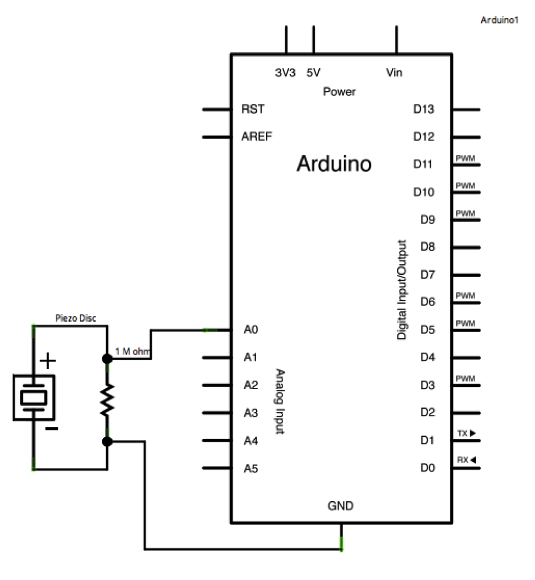 Piezo element to detect vibration using Arduino schematic