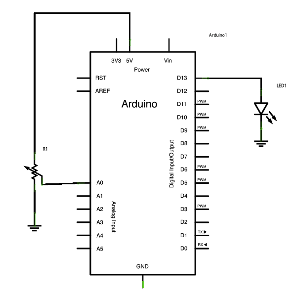 Potentiometer or variable resistor control LED Code schematic