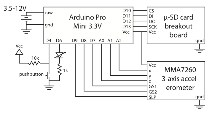Arduino datalogging accelerometer with µ-SD storage schematic