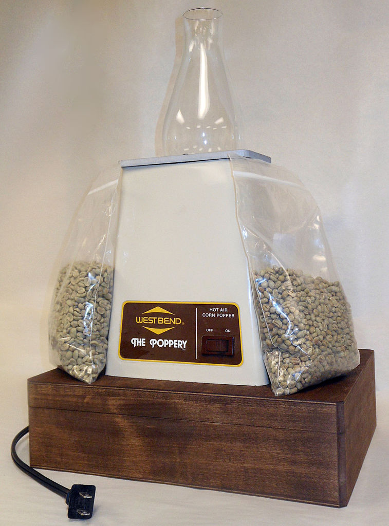 Hot air popcorm popper for coffee roasting