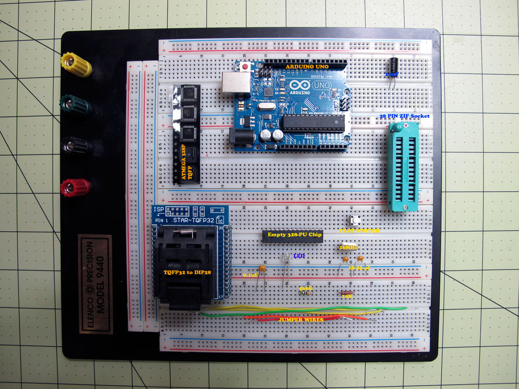 Burn Arduino Bootloader on Atmega 328 TQFP and DIP chips on Breadboard