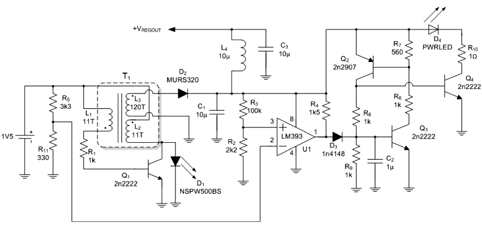 Flyback switcher works down to 1.1V flashes HBLEDs