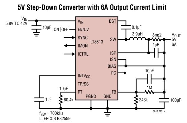 LT8613 – 42V, 6A Synchronous Step-Down Regulator with Current Sense