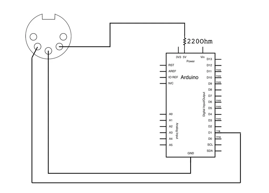 Send and Receive MIDI with Arduino schematic