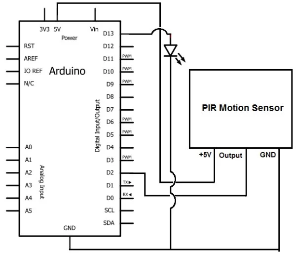 How to Build a Motion Sensor Light Circuit with an Arduino schemetic