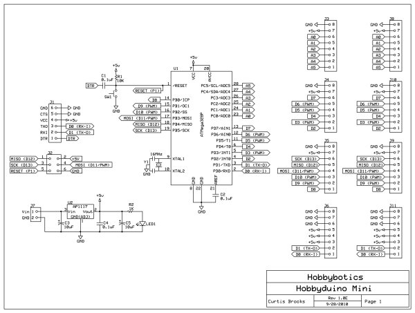 The schematic and PCB was developed with the freely available ExpressPCB software. Build It  Reference the B.O.M above for a list of the parts necessary to complete the Hobbyduino Mini.  Most of the components are surface mount devices (SMD) except for the connectors and pin headers.  As such, soldering may take a little more time and a little more experience.  I recommend starting with the low profile components first such as the 0805 resistors and capacitors.  I also recommend that consideration be given to the components that may be a little more difficult to solder because of location, such as the voltage regulator that is surrounded by the two 10uF capacitors.  The last device that should be installed on the board is the ATMega328 microcontroller.  The ATMega is susceptable to what is known as electrostatic discharge (ESD) which could damage the component without any visual signs.