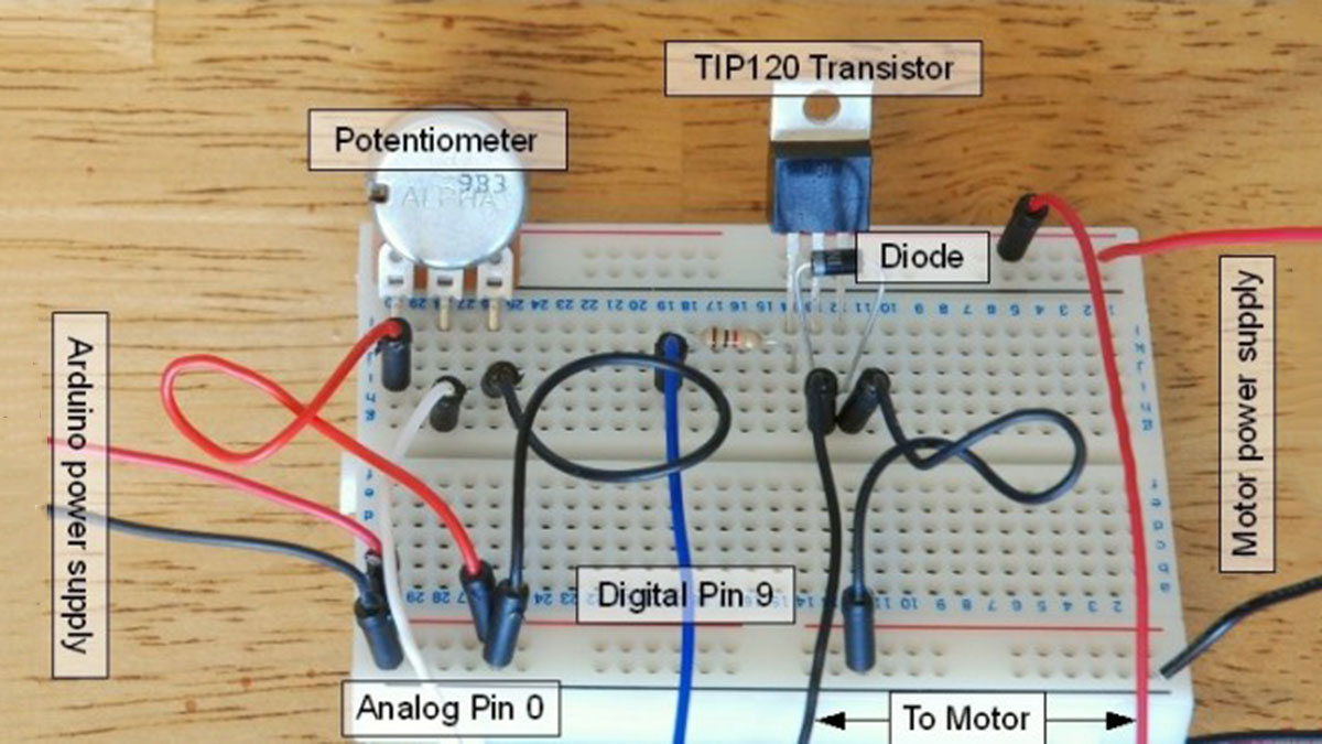 Arduino – Control a DC motor with TIP120, potentiometer and multiple power supplies circuit