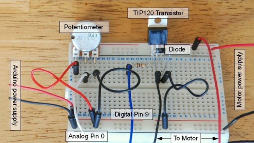 Arduino – Control a DC motor with TIP120 potentiometer and multiple power supplies circuit