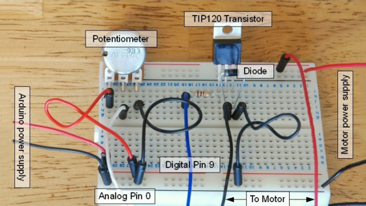 آردوینو – کنترل یک موتور DC با TIP120، پتانسیومتر و مدار چند منبع تغذیه