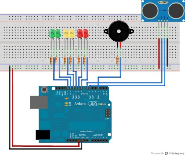 Arduino Distance Detector with a Buzzer and LED's Schematic