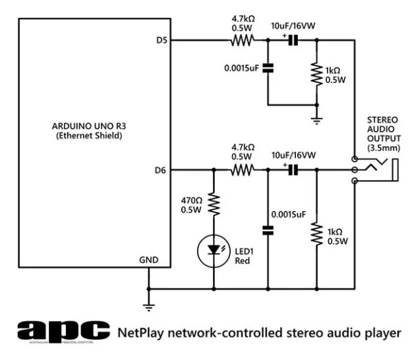 Arduino Project 6 Web-controlled music player Schematic