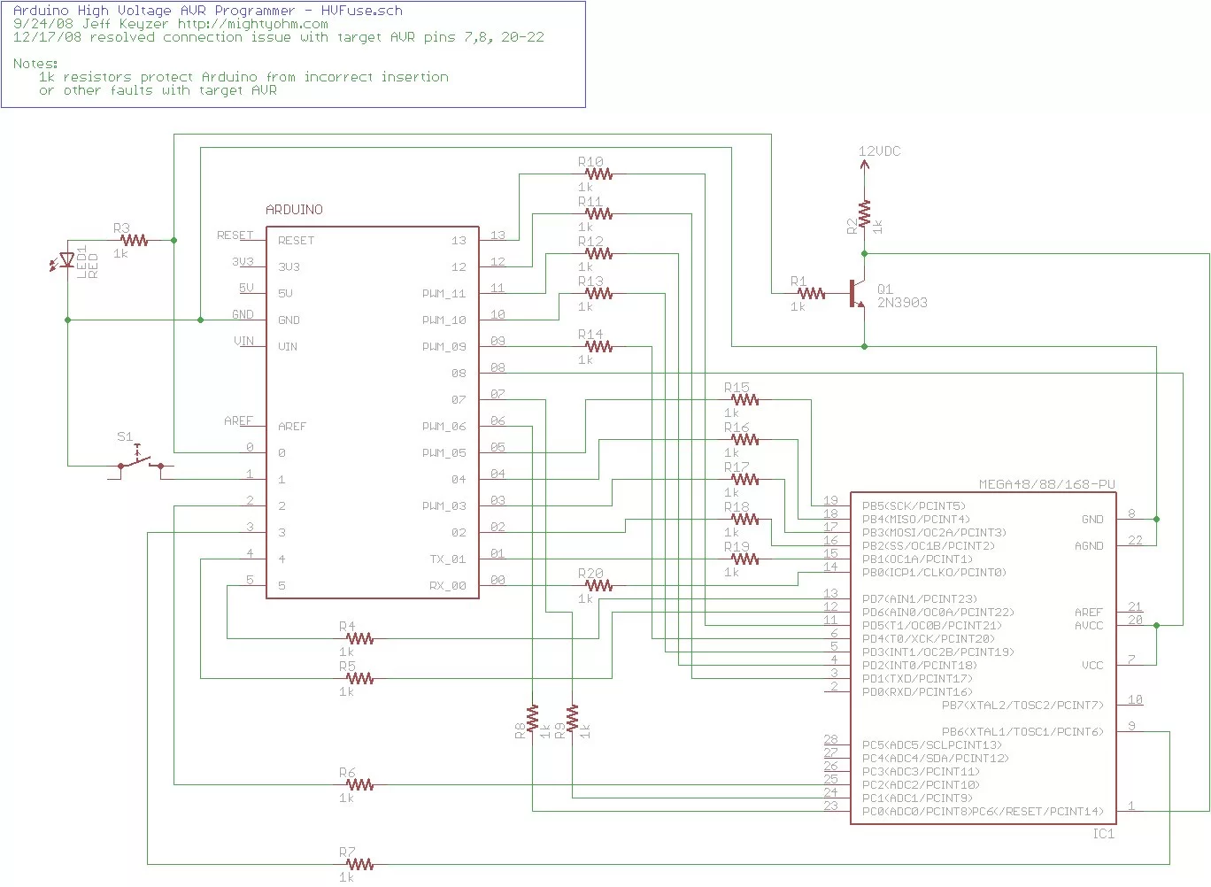 Arduino-based AVR High Voltage Programmer Schematic