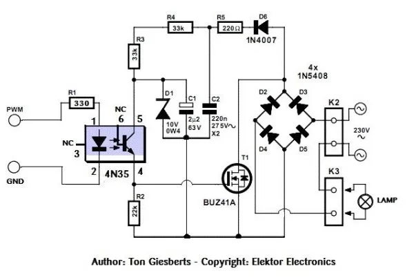 Safe and simple AC PWM Dimmer for arduino Raspberry pi Schematic
