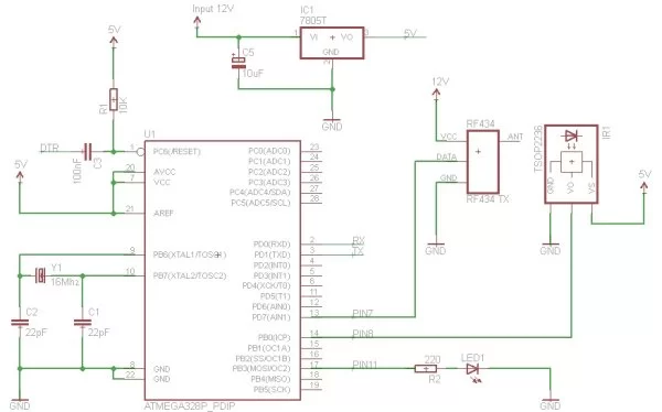 Converting infrared to RF signals with Arduino Schematic