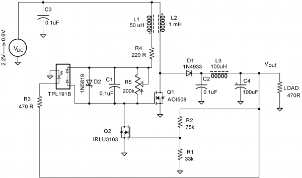 MOSFET based Joule Thief steps up voltage