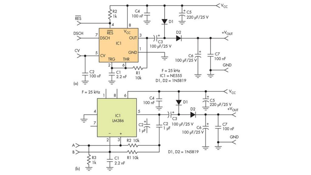 Comparing the NE555 Timer and LM386 Amplifier as Inductorless DC DC Converters