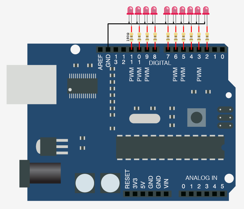 Schematic Turn on a light, or 10. Arduino control over serial