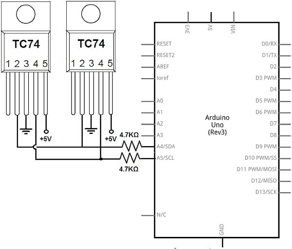 Circuit Connecting 2 I2C TC74 Temperature Sensors
