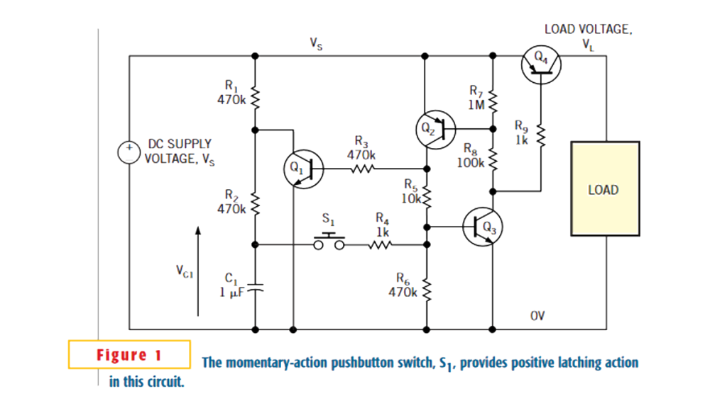 Latching power switch uses momentary action pushbutton