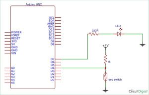 Reed Switch Interfacing with Arduino schematics