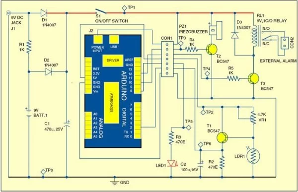 Circuit of Arduino based shadow alarm