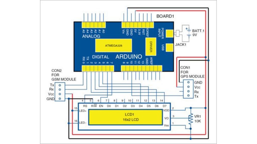 Circuit diagram of GPS and GSM based vehicle tracking system