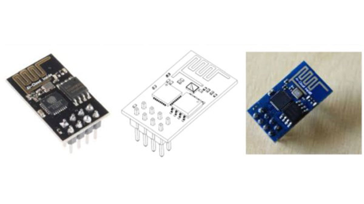 ESP-01 نسخه 1 مگابایتی (افراطی سمت چپ) و نسخه 0.5 مگابایتی (افراطی سمت راست)