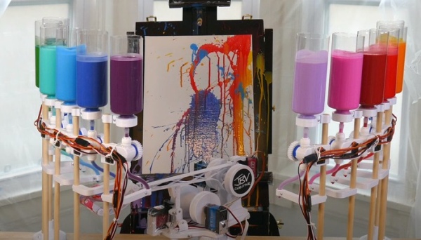 Arduino Flingbot robot flings paint on a canvas to create robotic art