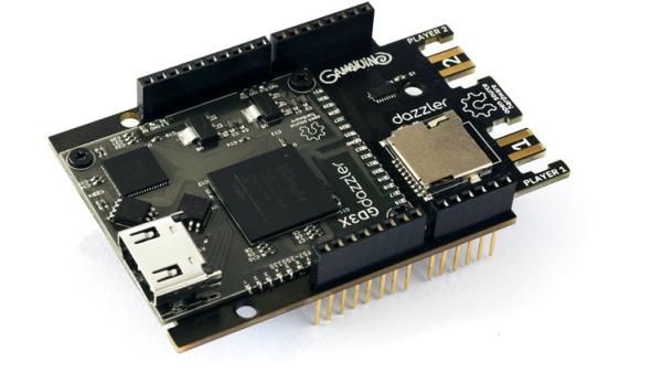 GAMEDUINO 3X DAZZLER IS AN ARDUINO SHIELD WITH A GPU FPGA AND AN HDMI PORT ONBOARD.