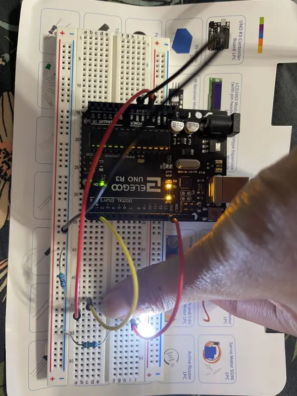 Pressing the button to turn on the LED