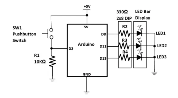 Figure 2-4. The Arduino-based LED roulette game circuit schematic diagram Roulette