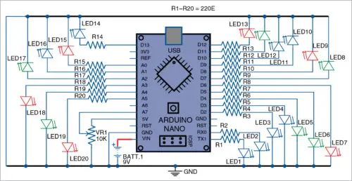 Circuit diagram of the LED flasher using Arduino