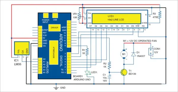Circuit diagram of the temperature based fan speed control and monitoring using Arduino