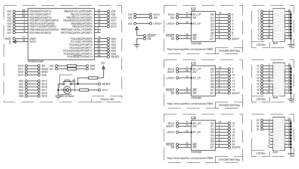 Arduino 74HC595 Shift Register using ATmega328P with Proteus Simulation Arduino 74HC595 project Proteus schematic diagram