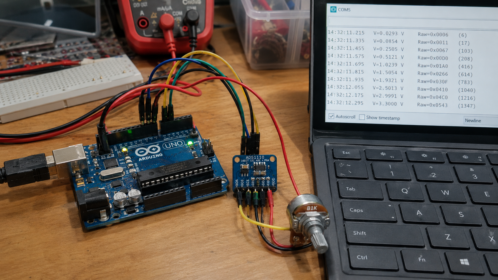 Arduino ADS1110 ADC project displaying serial readings